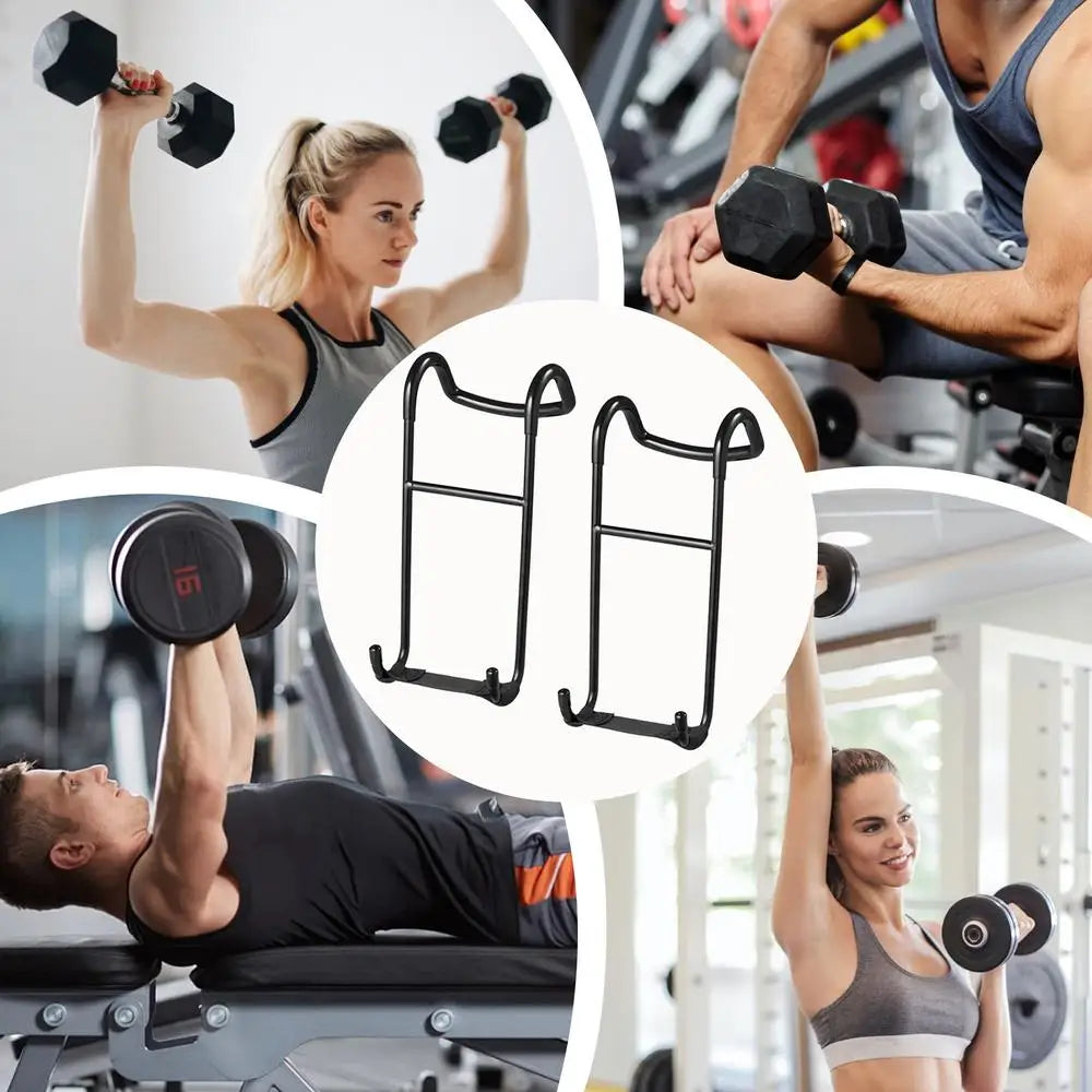 Collage of people engaging in strength training, featuring close-ups and mid-range shots, centered around JB Muscle's 2pcs Dumbbell Spotter Hooks Hanger Barbell Dumbbells Rack Attachments for Dumbbell Bench Press, holding up to 225lbs.