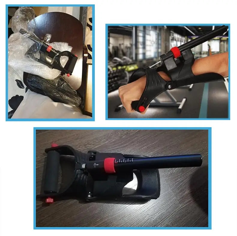 Three photos of the JB Muscle Hand Grip Exerciser for Forearm Strength, Wrist Power & Arm Training—an adjustable anti-slip grip trainer—shown on a table, in use, and packed in bubble wrap.