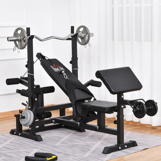 The JB Muscle HOMCOM Multi-Exercise Full-Body Weight Rack features a bench press, leg extension, chest fly resistance band, and preacher curl for versatile strength training—shown on a patterned mat in a bright room.