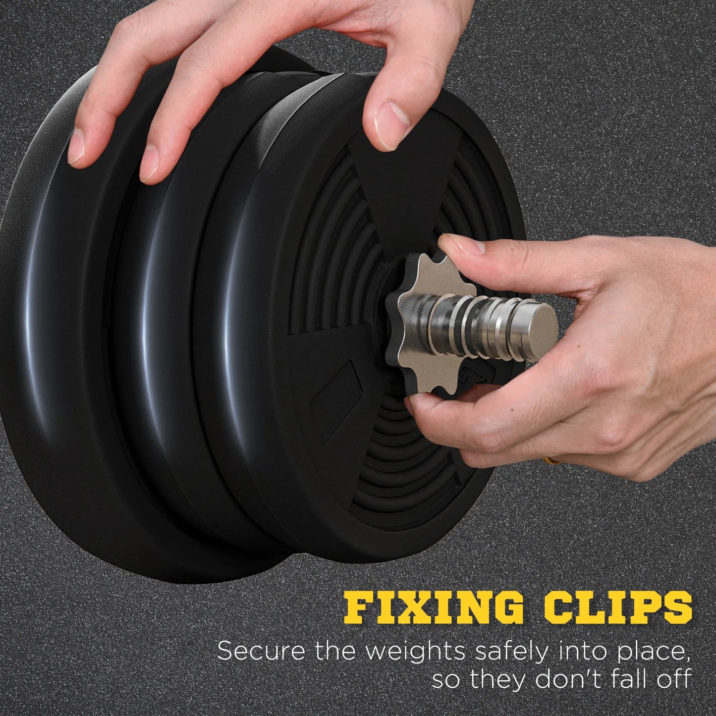 Hands attach a metal clip to the SPORTNOW 25kg Barbell Weights Set with 4ft Curl Bar by JB Muscle, showing secure locking—ideal adjustable home gym equipment for strength training, squats, deadlifts, and arm curls.