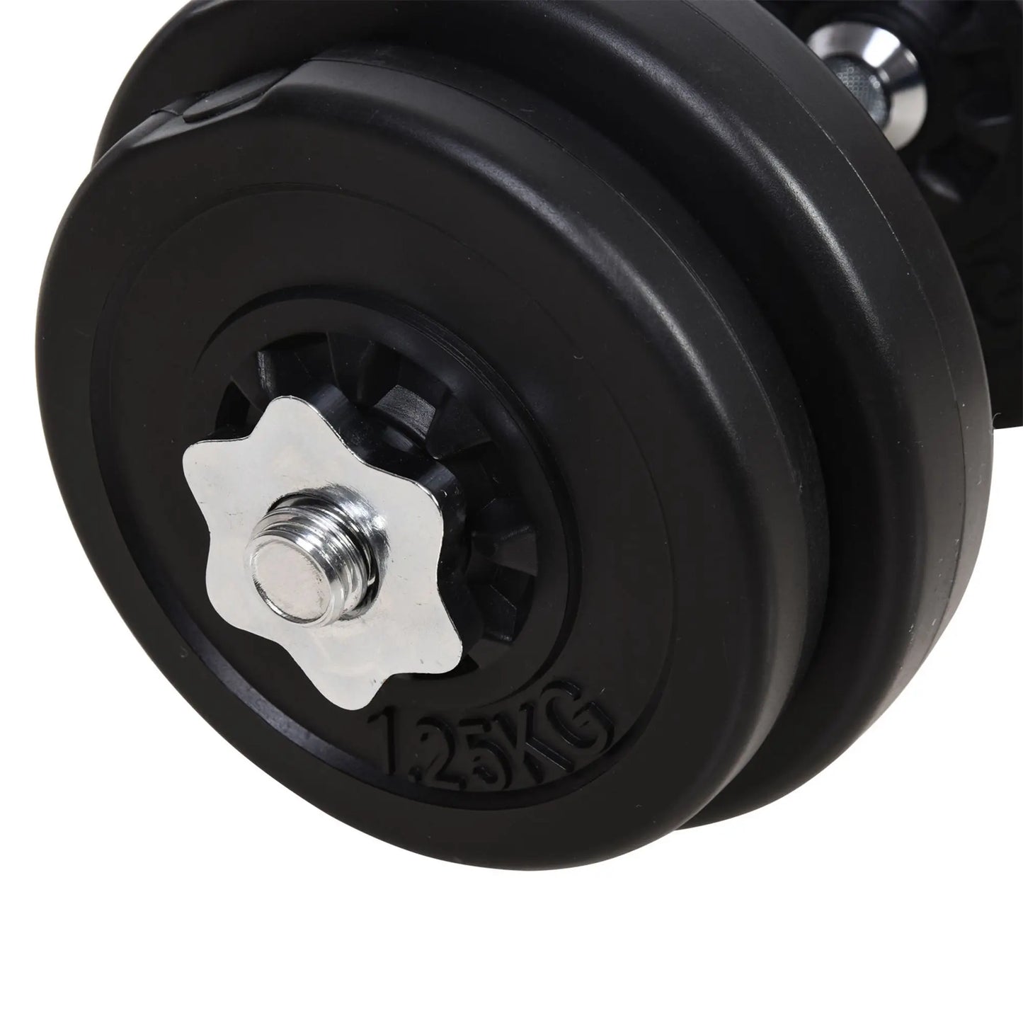 Close-up of a black 1.25KG weight plate with a spinlock collar on a bar from the JB Muscle Adjustable Dumbbell and Barbell Set 65kg, perfect for strength training and home gym workouts.
