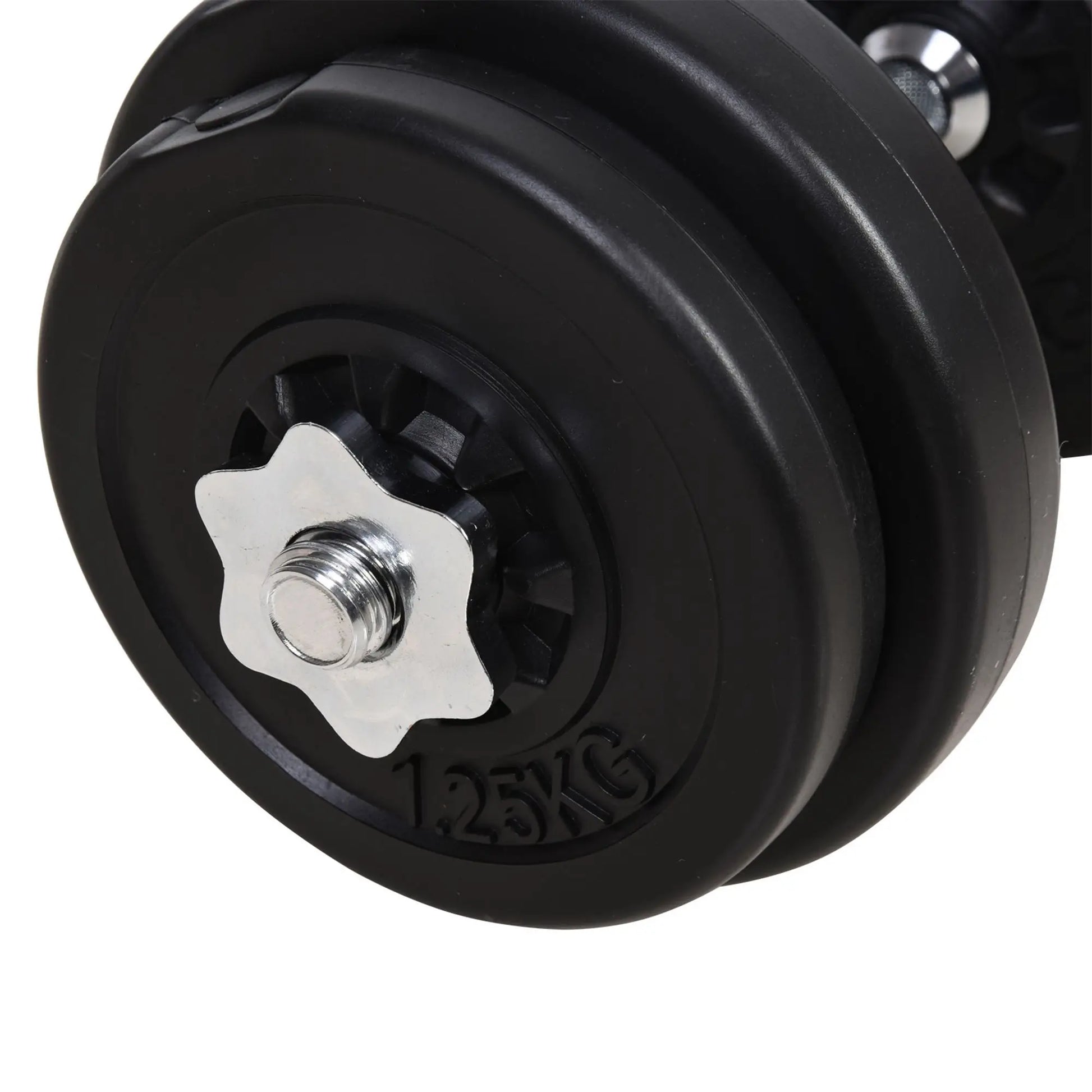 Close-up of a black 1.25KG weight plate with a spinlock collar on a bar from the JB Muscle Adjustable Dumbbell and Barbell Set 65kg, perfect for strength training and home gym workouts.
