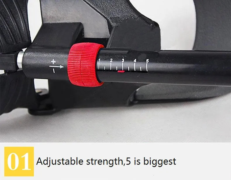 Close-up of the JB Muscle Hand Grip Exerciser, featuring an adjustable red dial with 1-5 strength levels. Perfect for building forearm, wrist, and arm strength at home, in the gym, or for sports athletes.