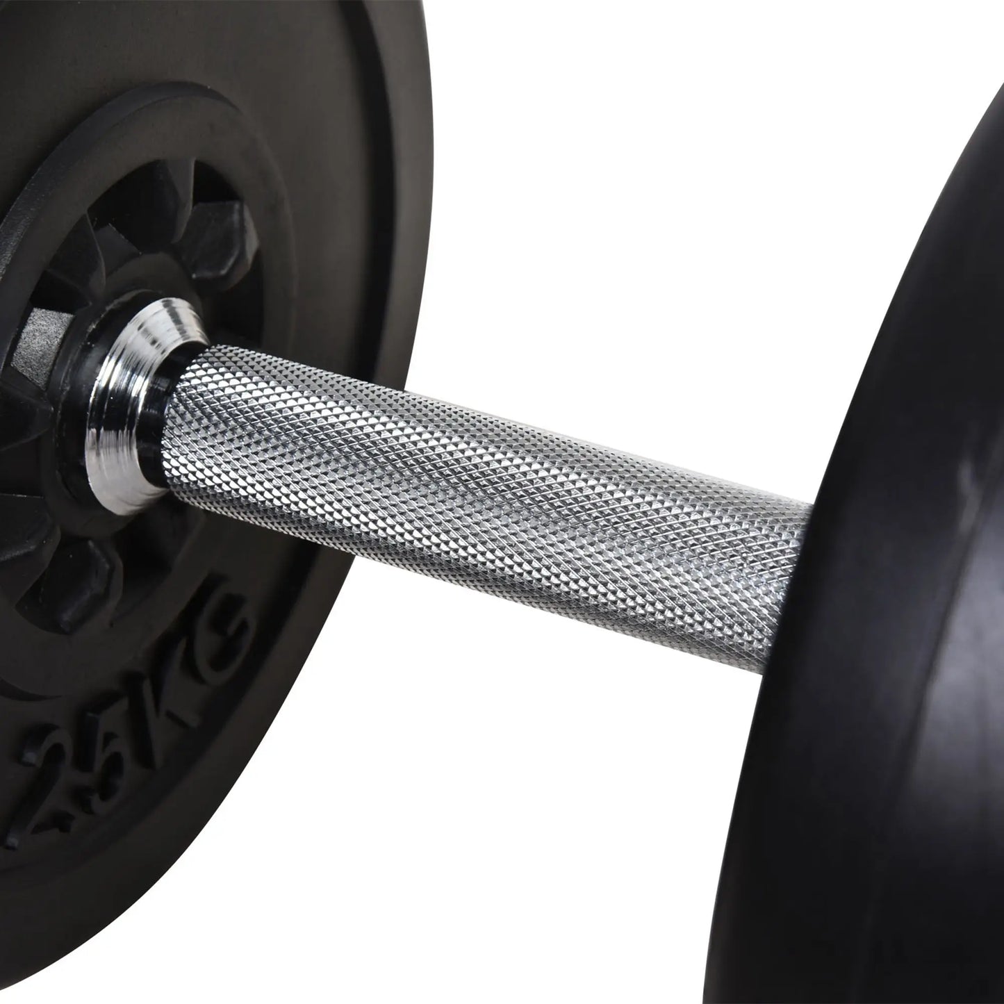 Close-up of a JB Muscle Adjustable Dumbbell and Barbell Set 65kg—features a metal barbell handle with knurled grip and two black 25 kg plates, perfect for effective strength training and home gym workouts.