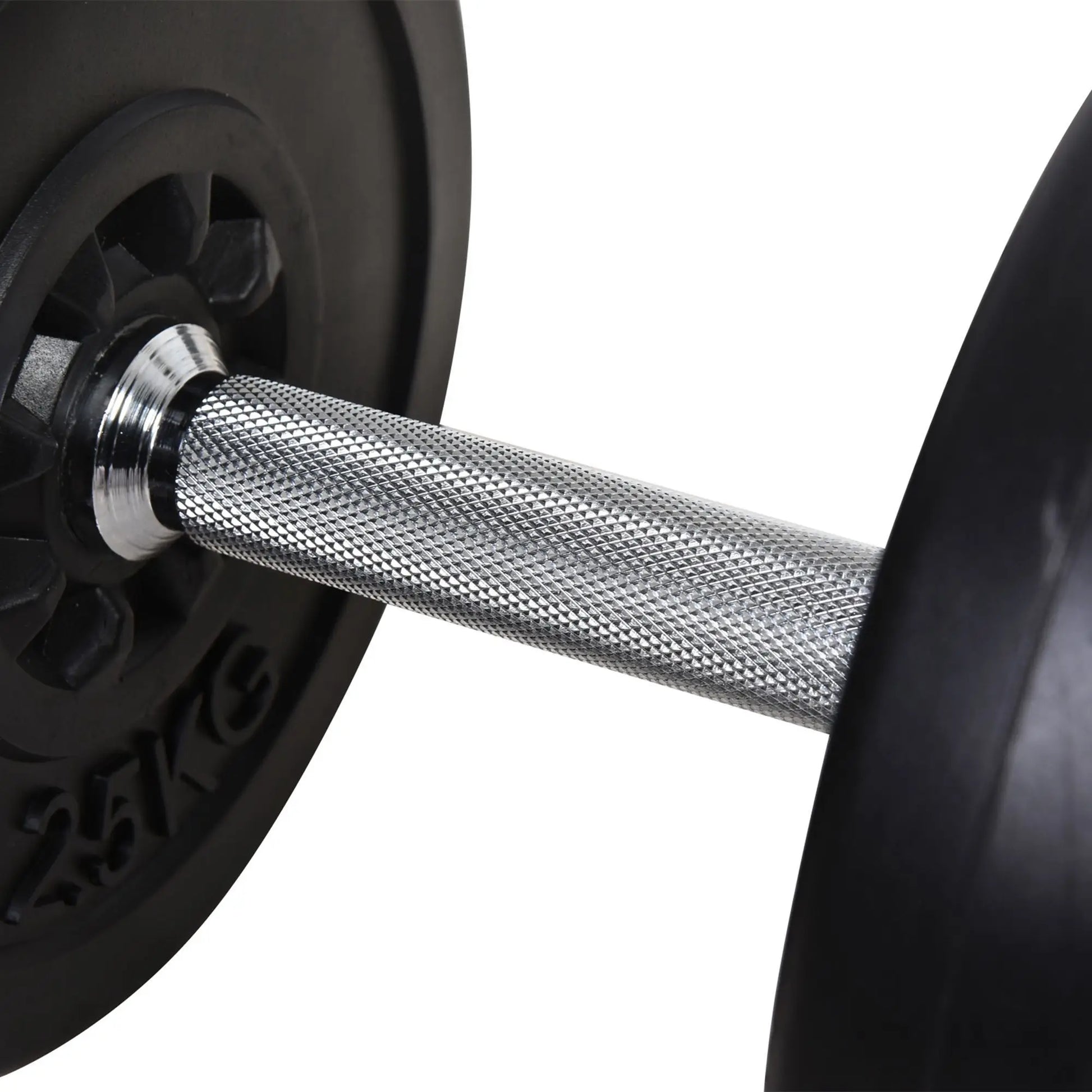 Close-up of a JB Muscle Adjustable Dumbbell and Barbell Set 65kg—features a metal barbell handle with knurled grip and two black 25 kg plates, perfect for effective strength training and home gym workouts.