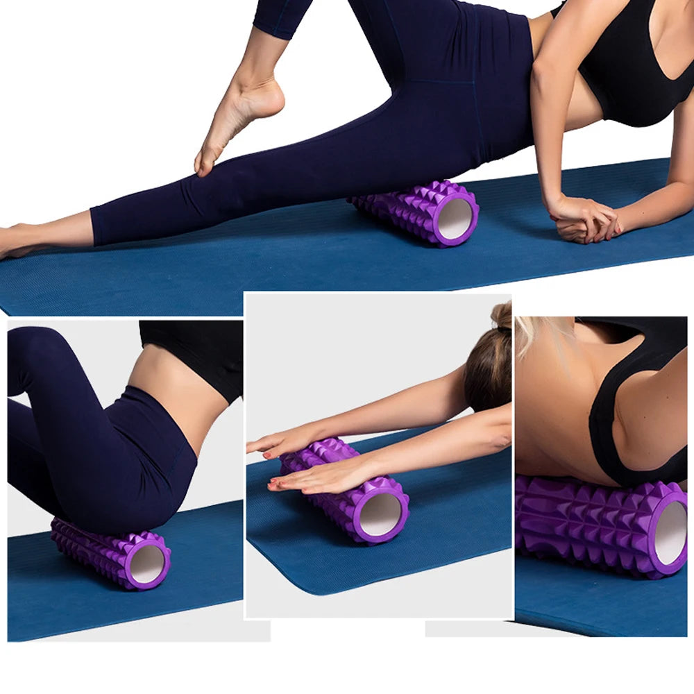 A woman is practicing yoga on a JB Muscle™ Ultimate Foam Roller for Deep Tissue Massage, experiencing ultimate comfort and support during her workout routine.
