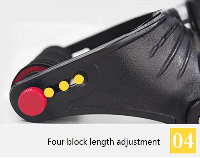 Close-up of the JB Muscle Hand Grip Exerciser, featuring a black anti-slip grip, red knob, three yellow indicator dots, and "Four block length adjustment" with a yellow 04 box. Ideal for boosting forearm strength at home or in the gym.