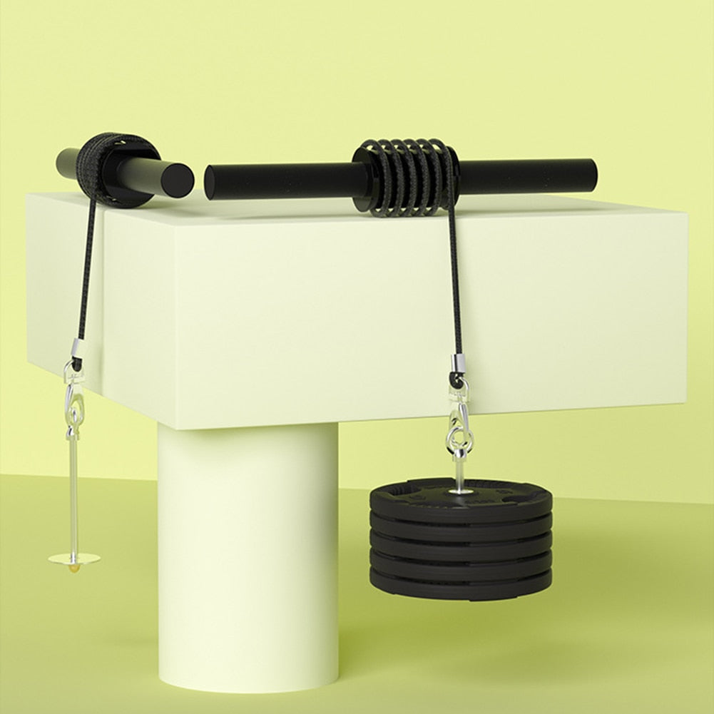 A white table with a black and white JB Muscle™ Wrist Forearm Exerciser: Arm Strength Trainer hanging from it.
