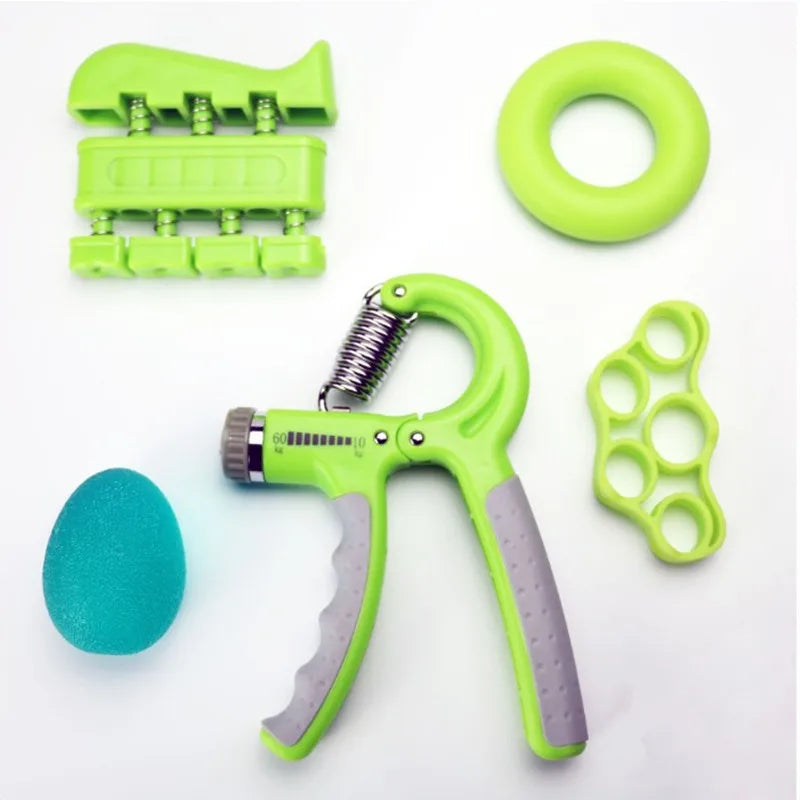 A set of green JB Muscle™ Hand Grippers and an egg designed to improve grip strength.