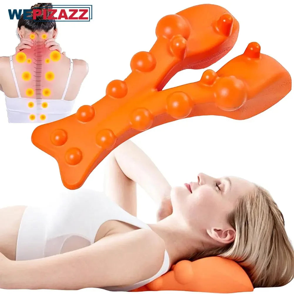 A woman is laying on her back with an orange pillow, using the JB Muscle™ Cervical Traction Device Back Stretcher Massager for trapezius trigger point release.