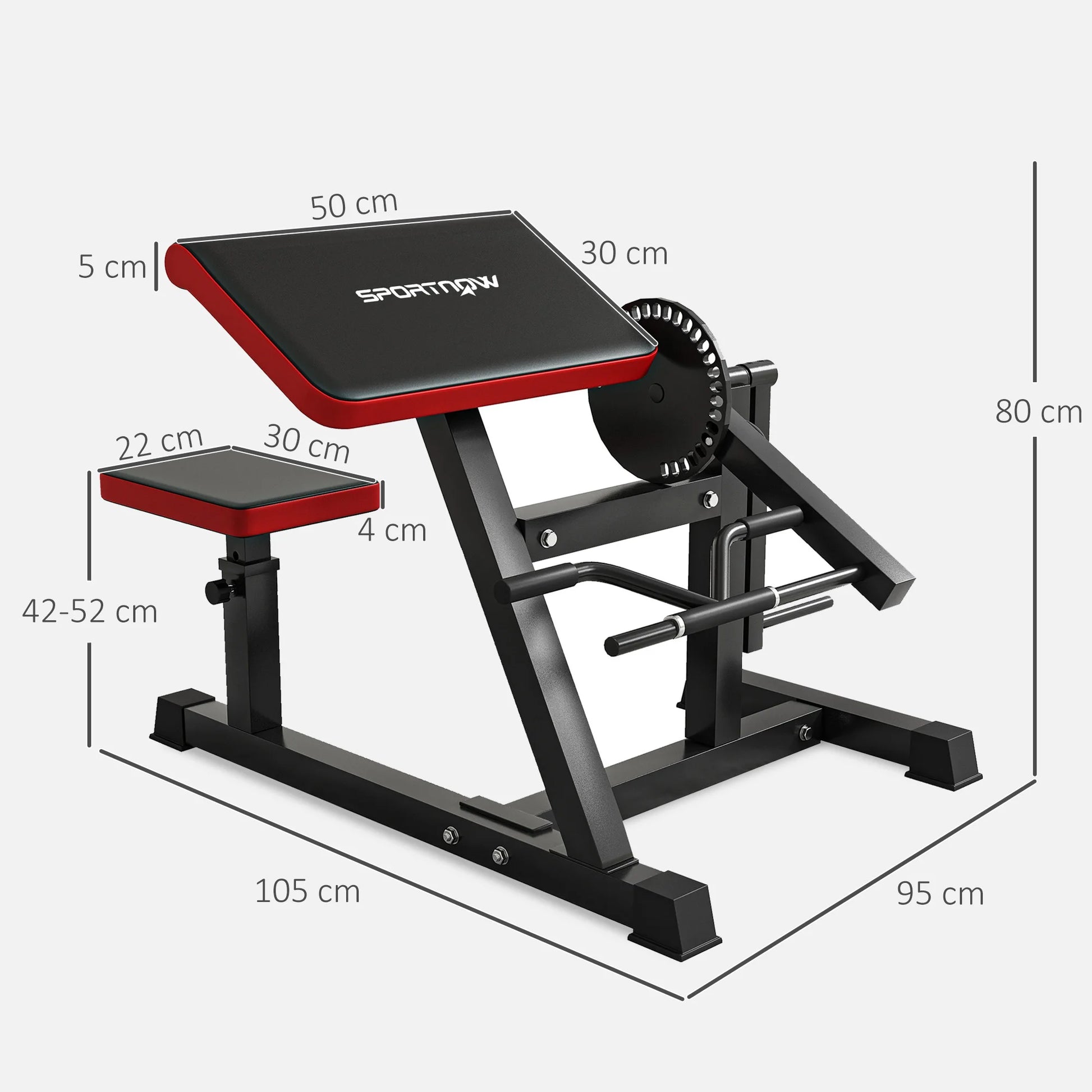 The JB Muscle SPORTNOW Adjustable Preacher Curl Bench features a black and red design, handlebar, elbow cushion, and adjustable seat height (42–52 cm), with dimensions of 105 cm (W) x 95 cm (D) x 80 cm (H)—ideal for home or outdoor gyms.