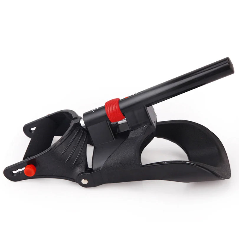 The JB Muscle Hand Grip Exerciser features a black handheld design with a red adjustment knob and two curved supports, offering adjustable resistance to improve forearm strength, wrist power, and grip for home or gym use.