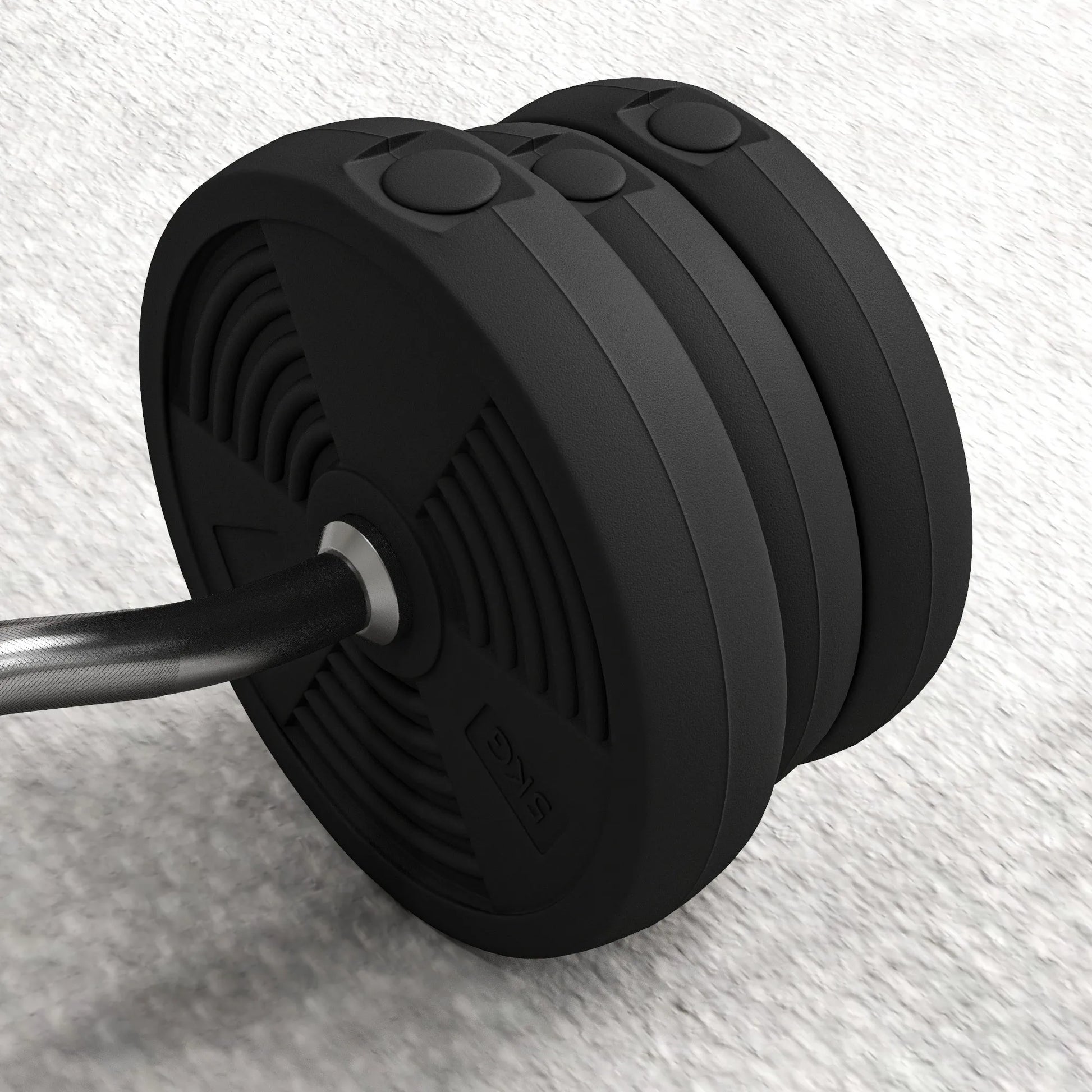 Close-up of the JB Muscle SPORTNOW 25kg Barbell Weights Set with 4ft curl bar—an adjustable barbell for strength training, squats, deadlifts & arm curls (up to 80kg capacity), resting on a light textured surface. Perfect home gym equipment.