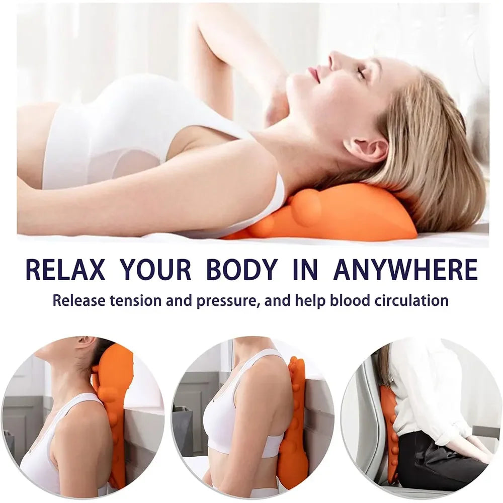 A woman lying on a pillow, experiencing relaxation and relieving tension using a JB Muscle™ Cervical Traction Device Back Stretcher Massager by JB Muscle.