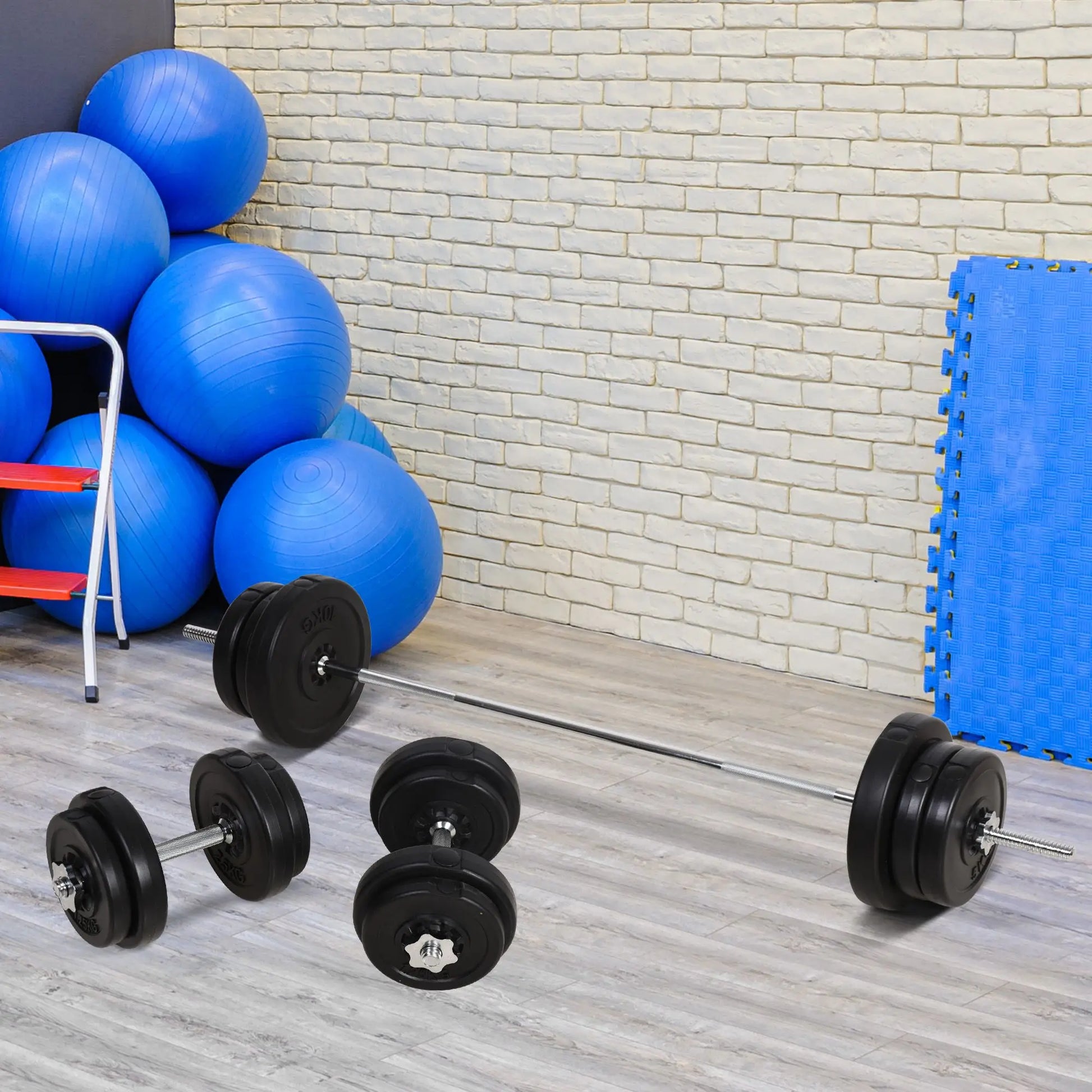 A JB Muscle Adjustable Dumbbell and Barbell Set 65kg for home gym workouts sits on a wooden floor next to blue exercise balls and a foam mat, set against a white brick wall.