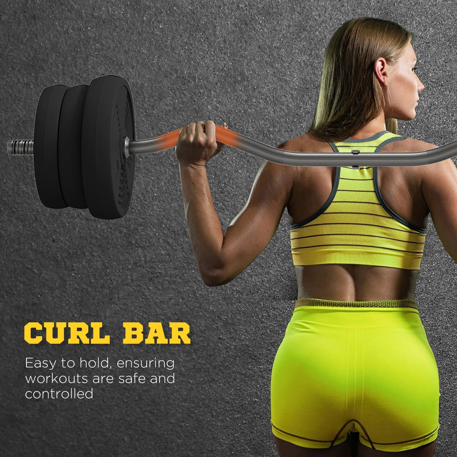 Woman in yellow workout attire holds the JB-Muscle SPORTNOW 25kg Barbell Weights Set with 4ft Curl Bar—an adjustable barbell for strength training, squats, deadlifts & curls (supports up to 80kg). Perfect for safe and controlled home workouts.