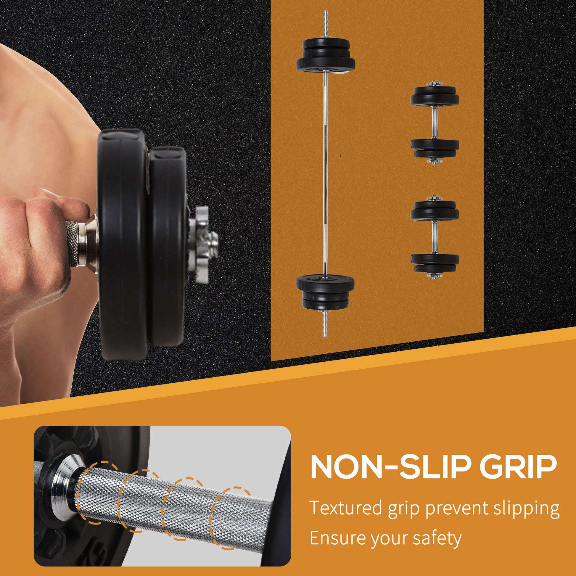 A person lifts the JB Muscle Adjustable Dumbbell and Barbell Set (65kg) with a textured, non-slip grip; separate images show the weights and assembled barbell. Text highlights the safe, secure grip for your home gym by JB-Muscle™.