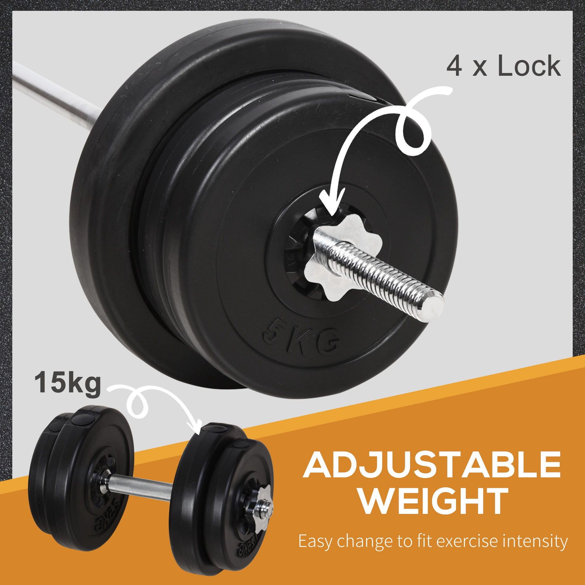 Close-up of the JB Muscle Adjustable Dumbbell and Barbell Set 65kg by HOMCOM, featuring black weight plates (5kg, 15kg) and locking collars—perfect for versatile strength training and home gym workouts.