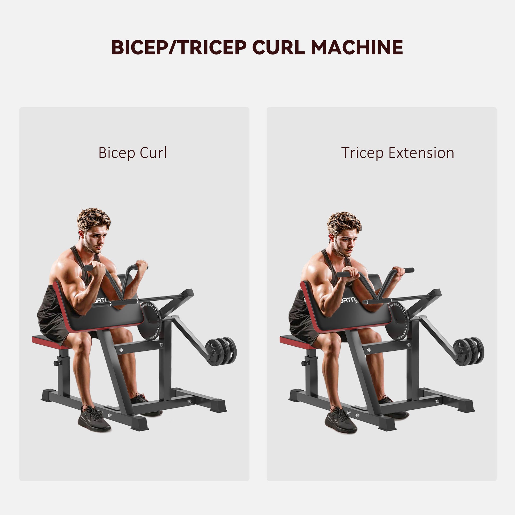 A man uses the JB Muscle SPORTNOW Adjustable Preacher Curl Bench to demonstrate a biceps curl and a triceps extension, highlighting its multi-functional design with handlebar and elbow cushion for home or outdoor gyms.