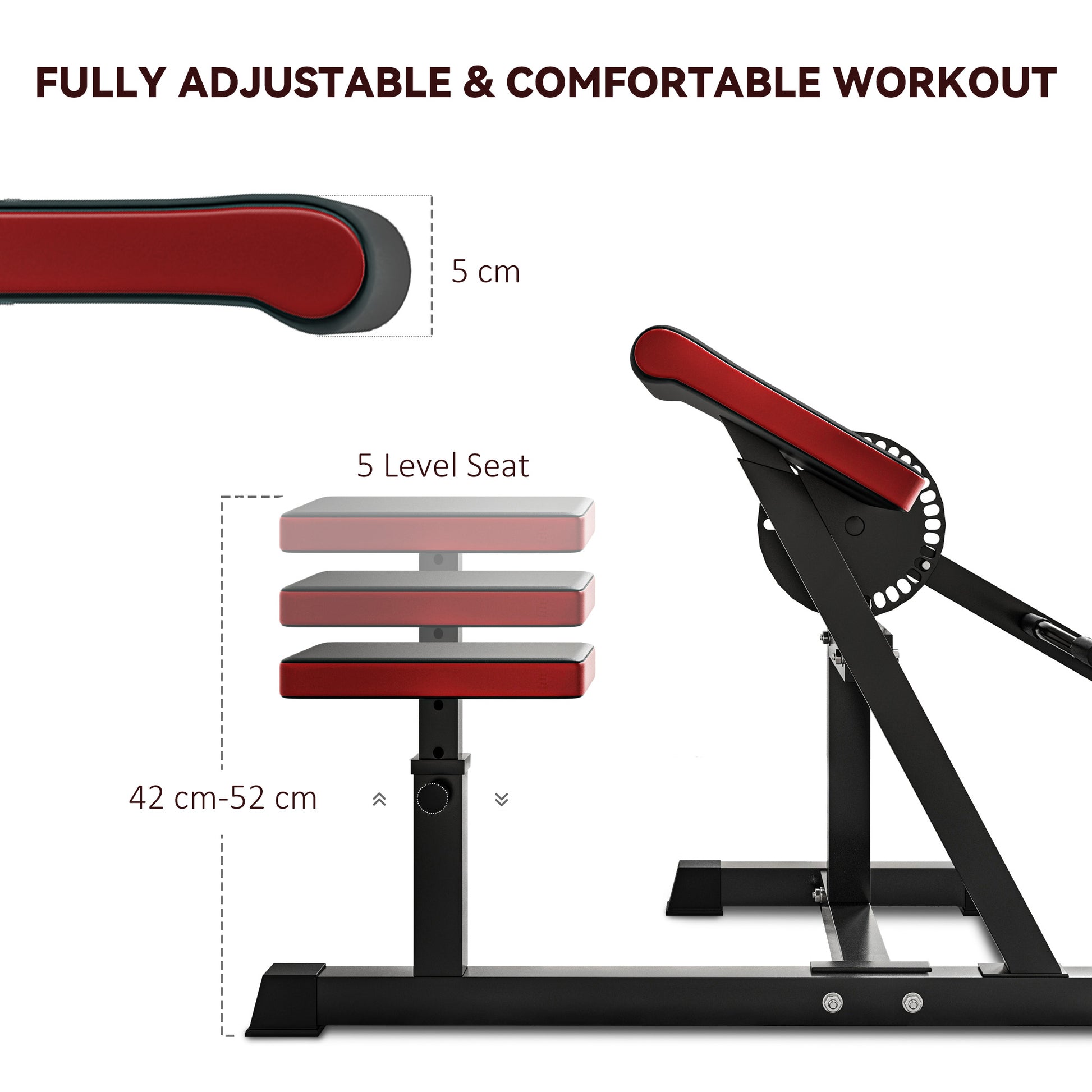 The JB Muscle SPORTNOW Adjustable Preacher Curl Bench features a cushioned seat and adjustable height from 42–52 cm with a handlebar and elbow cushion—perfect for biceps curls, triceps extensions, and more. "Fully Adjustable & Comfortable Workout" above.