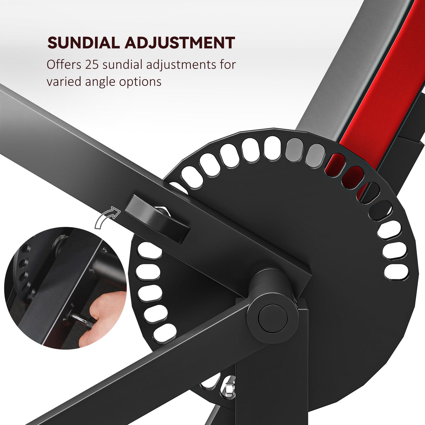 Close-up of the SPORTNOW Adjustable Preacher Curl Bench by JB Muscle, featuring a handle adjusting the lever to choose from 25 versatile angle settings for customized workouts. Text highlights multi-functional adjustable options.