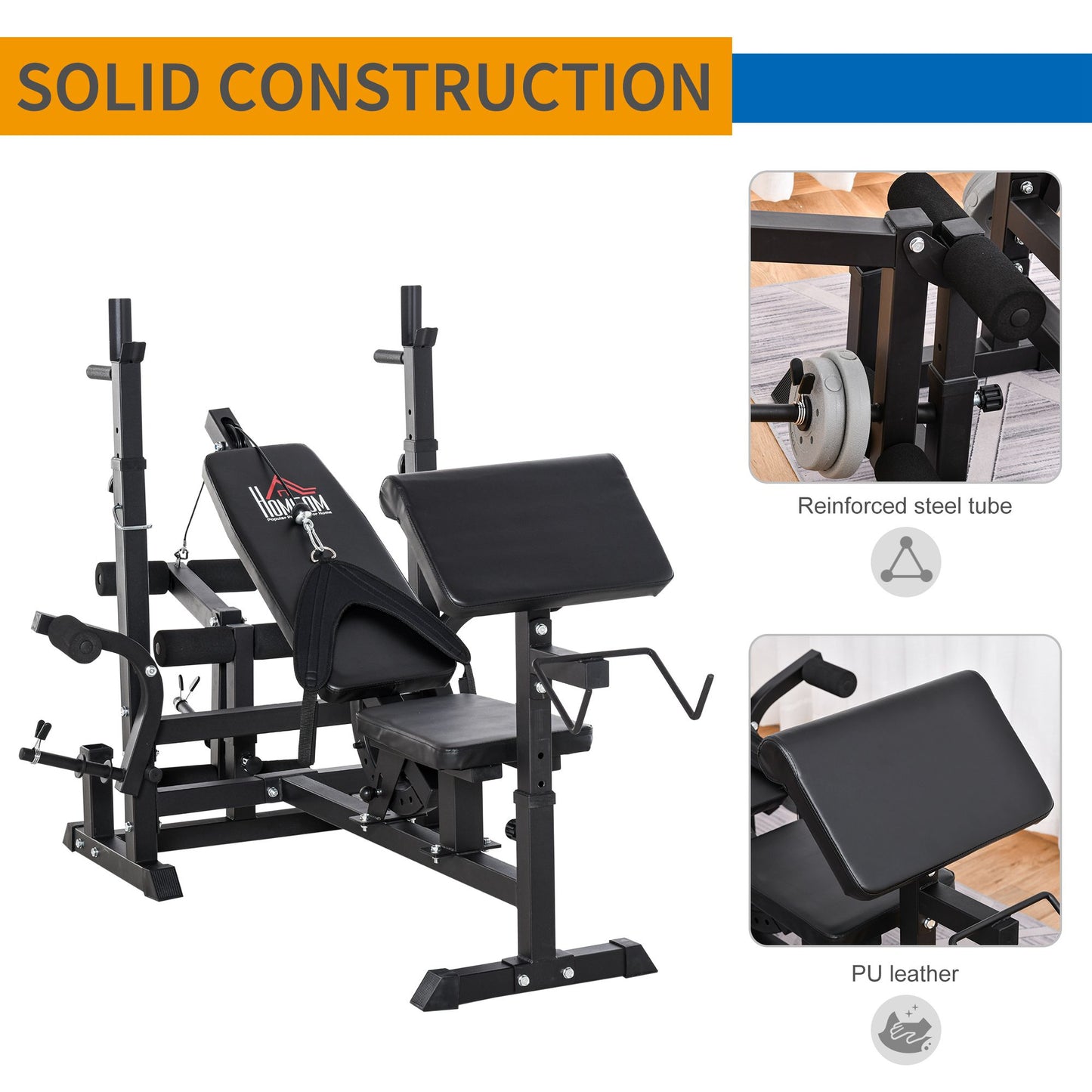 The JB Muscle HOMCOM Multi-Exercise Full-Body Weight Rack features a bench press, leg extension, chest fly resistance band, preacher curl pad, and sturdy steel frame with PU leather upholstery for effective strength training.