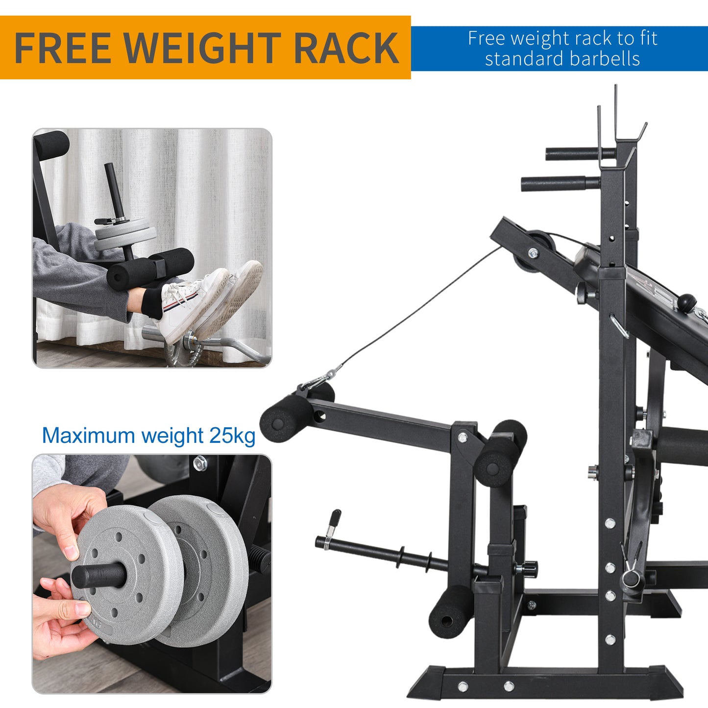 The JB Muscle HOMCOM Multi-Exercise Full-Body Weight Rack features a bench press, leg extension, chest fly resistance band, and preacher curl—offering versatile full-body strength training with adjustable weight settings up to 25 kg.