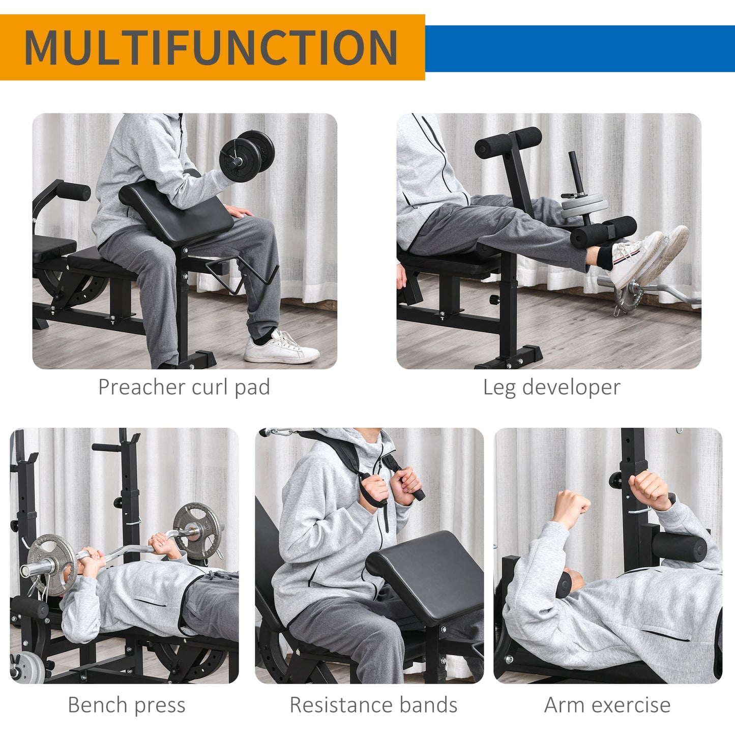 A person demonstrates five strength exercises on the JB Muscle HOMCOM Multi-Exercise Full-Body Weight Rack: preacher curl, leg extension, bench press, chest fly resistance band, and arm exercise.