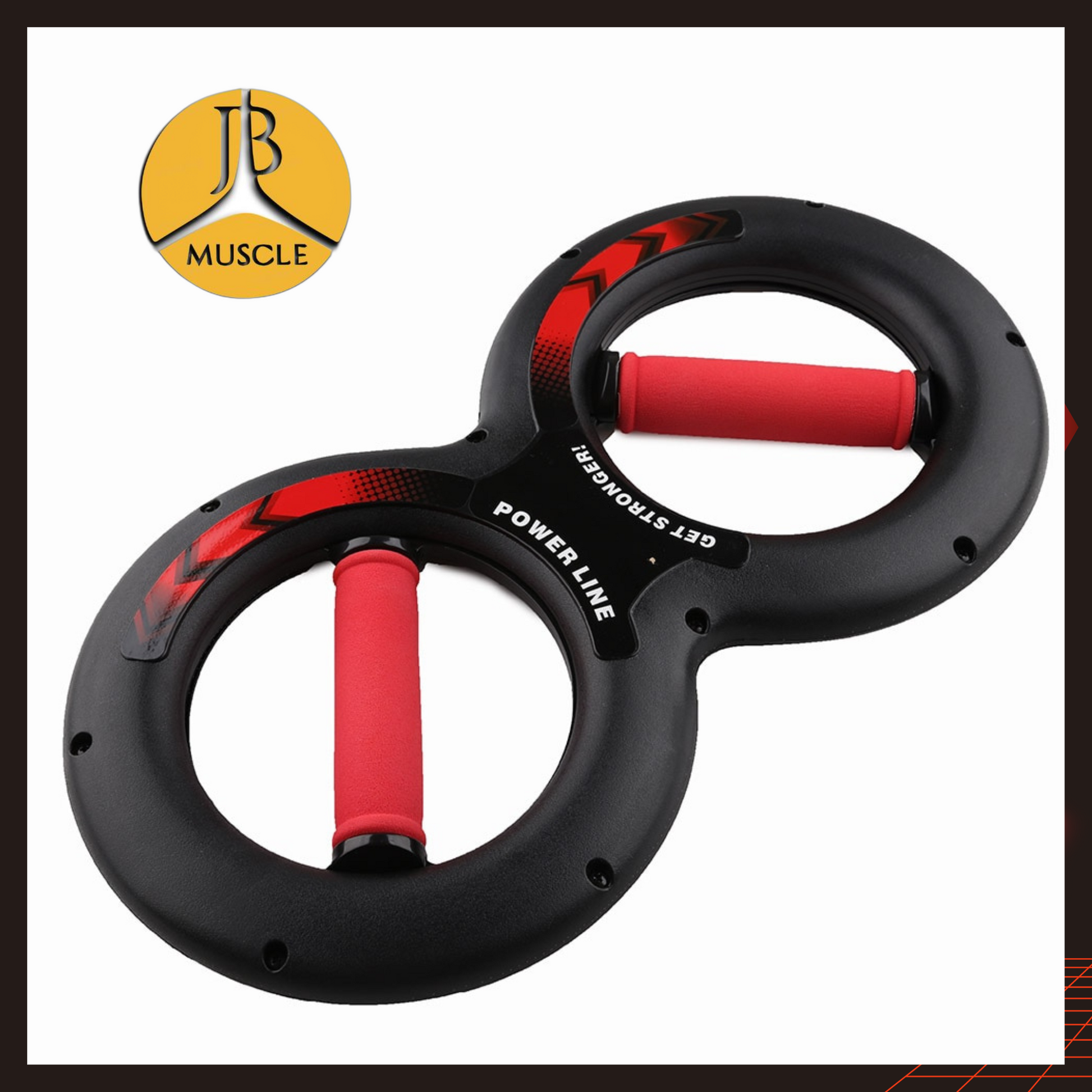 A black and red JB Muscle™ Forearm Trainer with two handles, great for improving grip strength.