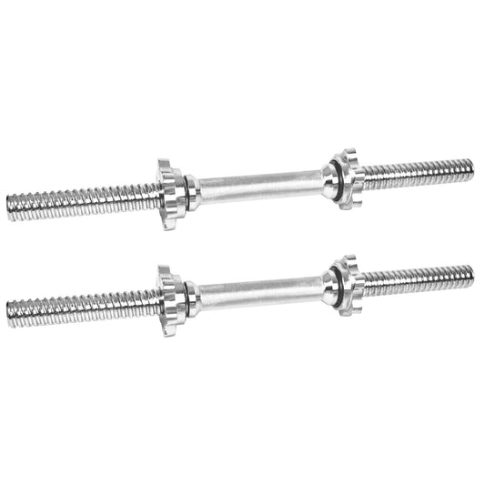The JB Muscle Spinlock Dumbbell Bars Standard 1 Inch Plates Weightlifting Bar & Collars Set features two silver bars with threaded ends and spin-lock collars, ideal for assembling your own heavy duty dumbbells.