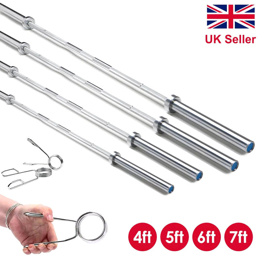 JB Muscle Olympic Barbell Bars in 4ft, 5ft, 6ft, and 7ft lengths with 2-inch spring clips, fit standard weight plates. UK Seller.