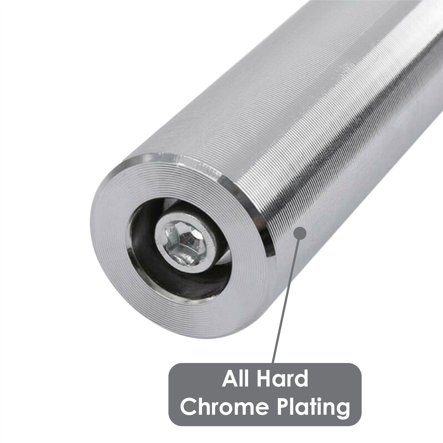 Close-up of a metallic JB Muscle Olympic Barbell Bar with 2-inch center hex bolt, resembling weightlifting equipment. Includes spring clips and comes in 4FT, 5FT, 6FT, or 7FT sizes for gym training.