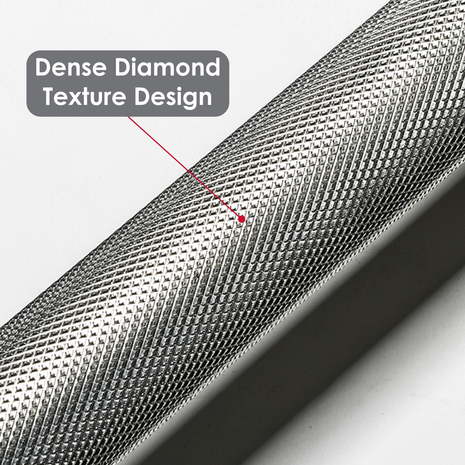 Close-up of the JB Muscle Olympic Barbell Bar (2 inch) showing its dense diamond texture design, highlighted by a red arrow pointing to the grip surface.