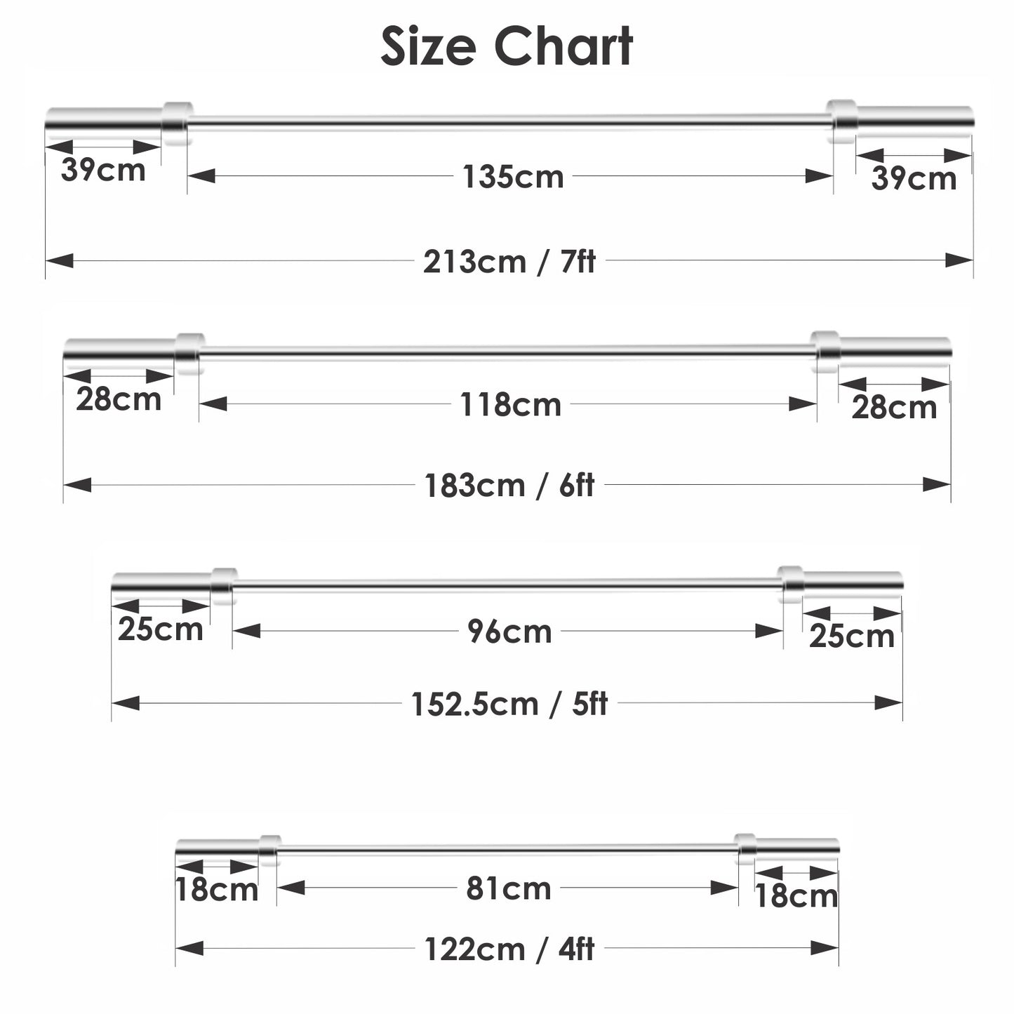 JB Muscle Olympic Barbell Bar size chart: 4FT (122cm), 5FT (152.5cm), 6FT (183cm), and 7FT (213cm); all bars have 2-inch spring clips for weight lifting.