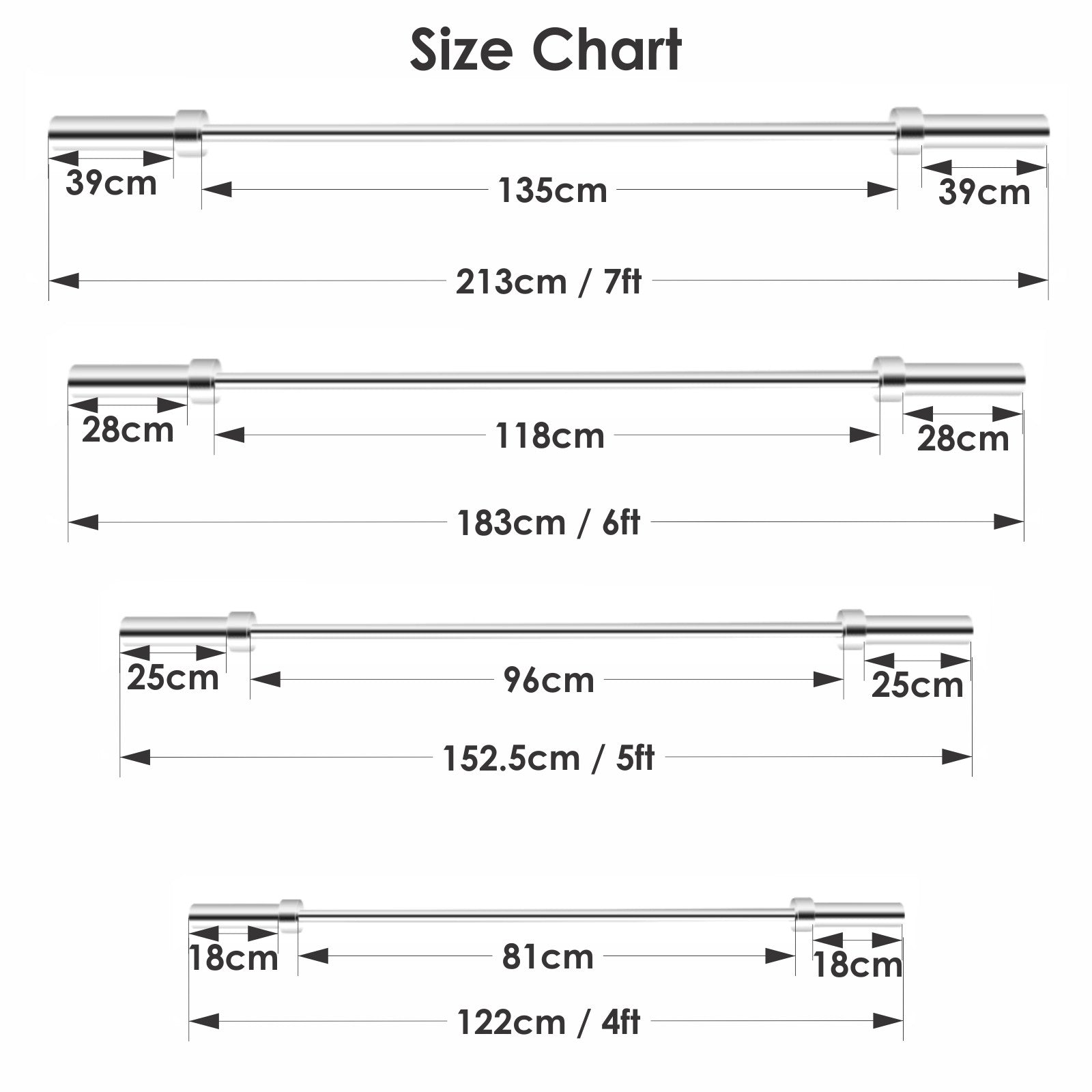 JB Muscle Olympic Barbell Bar size chart: 4FT (122cm), 5FT (152.5cm), 6FT (183cm), and 7FT (213cm); all bars have 2-inch spring clips for weight lifting.