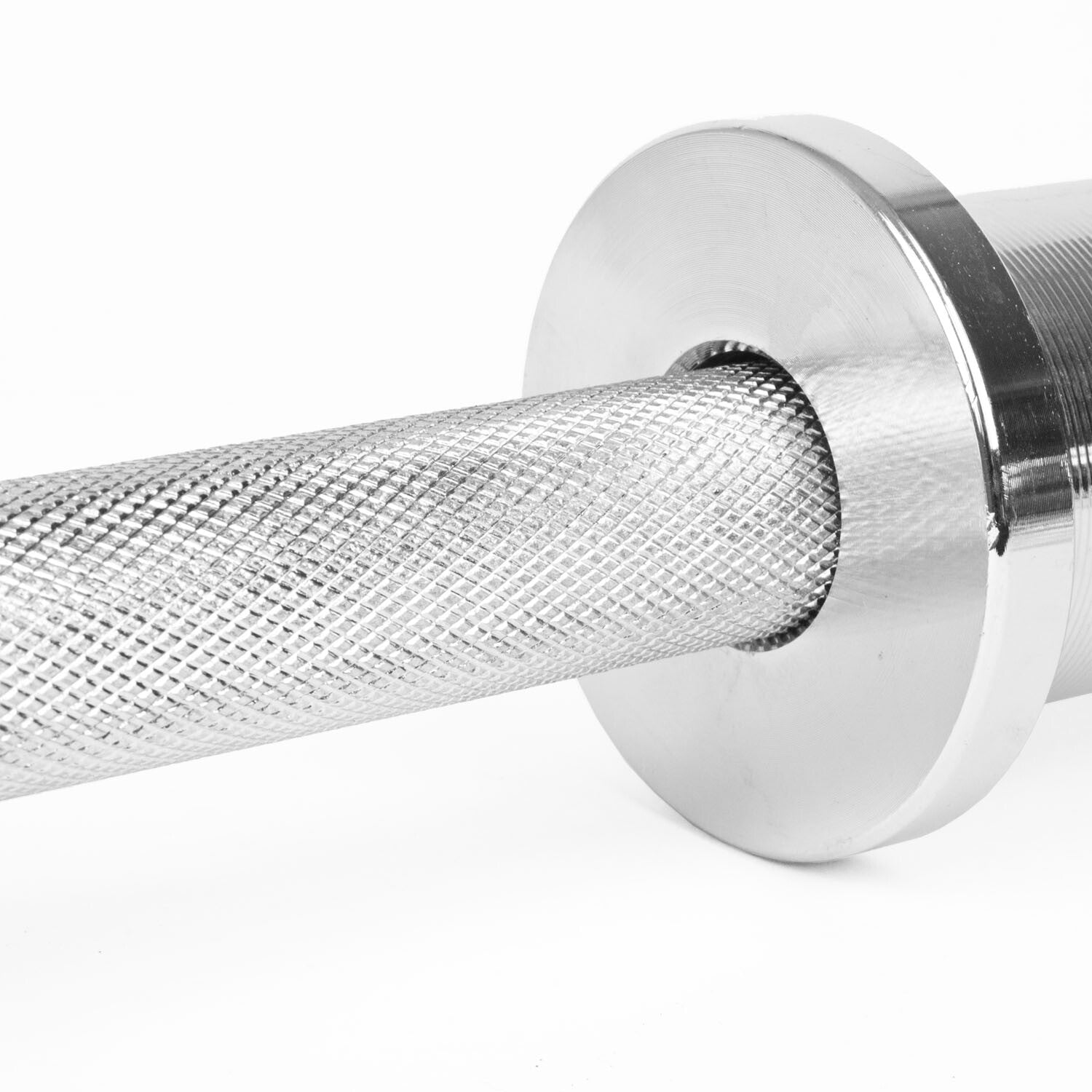 Close-up of the knurled grip and end of the JB Muscle 2" Olympic Dumbbell Bar Set with Spring Collars, designed for free weights and weight lifting, shown against a white background.