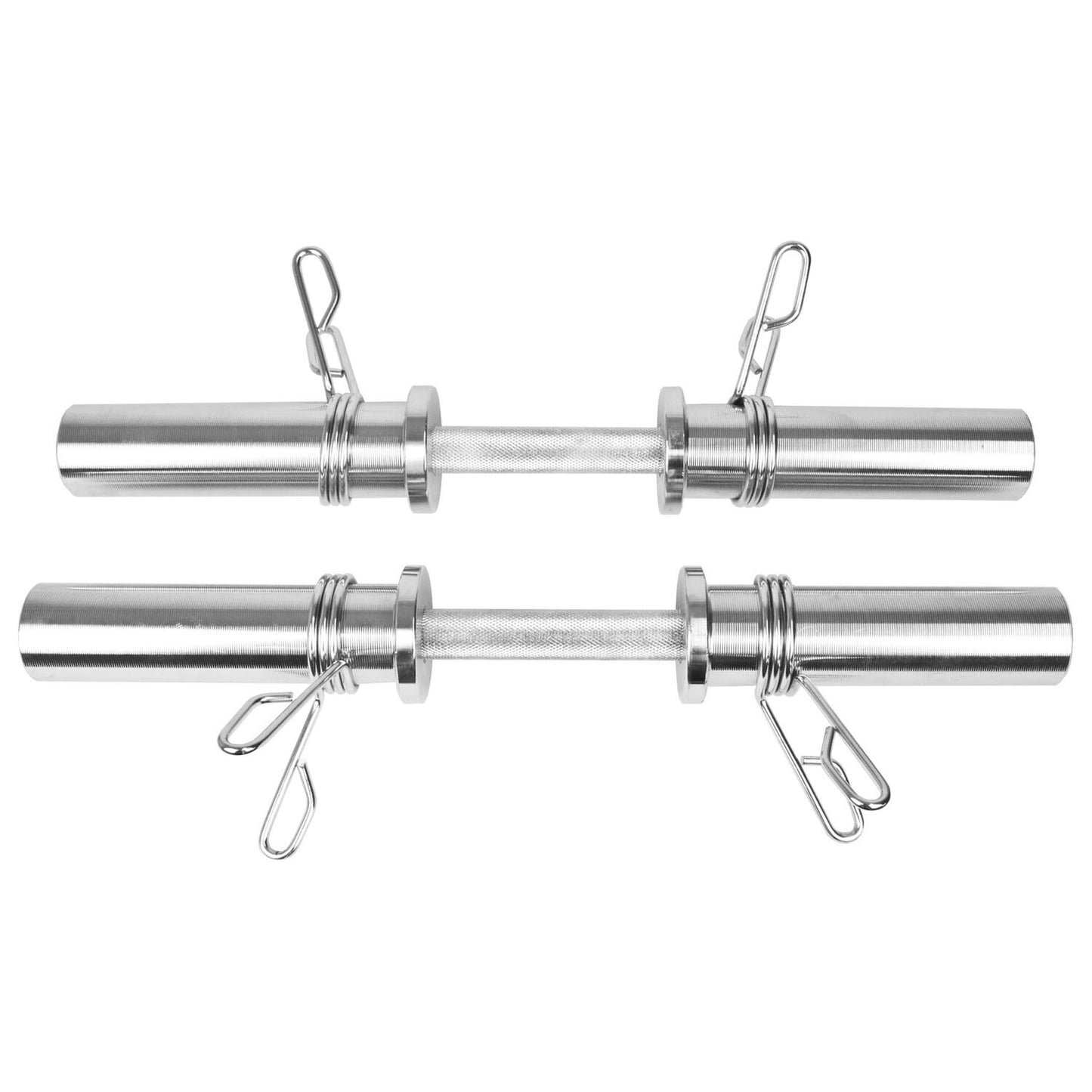 Two JB Muscle 2" Olympic Dumbbell Bar Sets with textured grips and spring collars are placed parallel on a white background, ready for use with free weights.