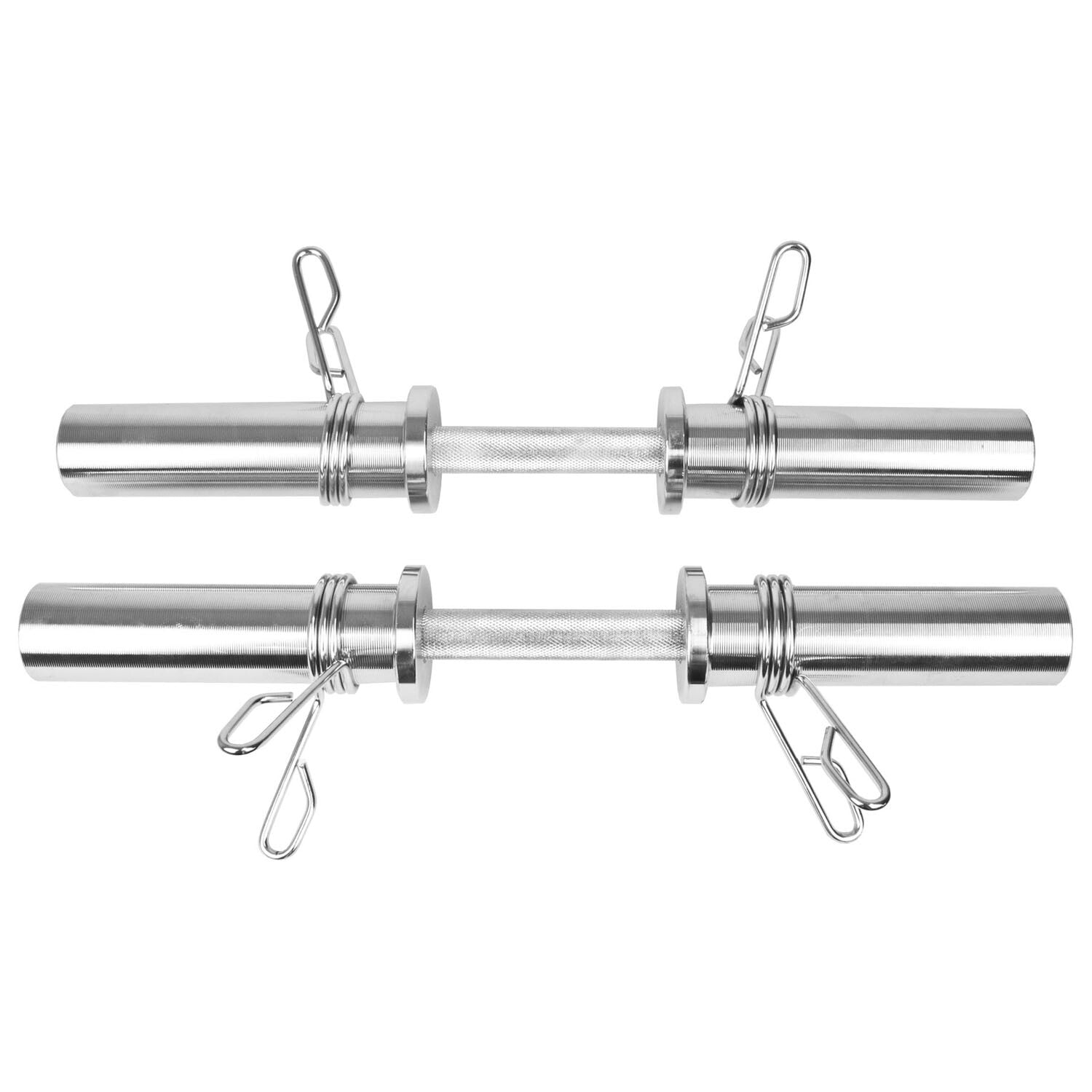 Two JB Muscle 2" Olympic Dumbbell Bar Sets with textured grips and spring collars are placed parallel on a white background, ready for use with free weights.