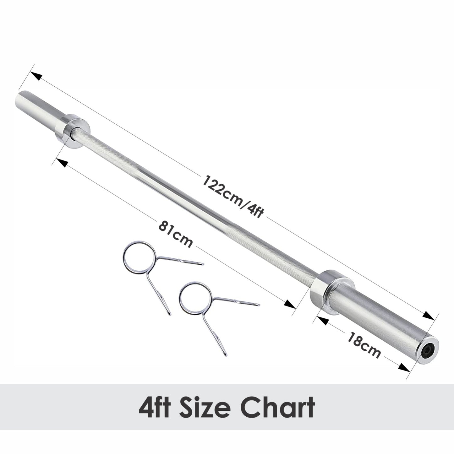 The JB Muscle Olympic Barbell Bar 4FT is shown with labeled dimensions: 122cm total length, 81cm grip area, 18cm sleeve (fits 2-inch plates), and two spring clips. Text reads "4ft Size Chart.