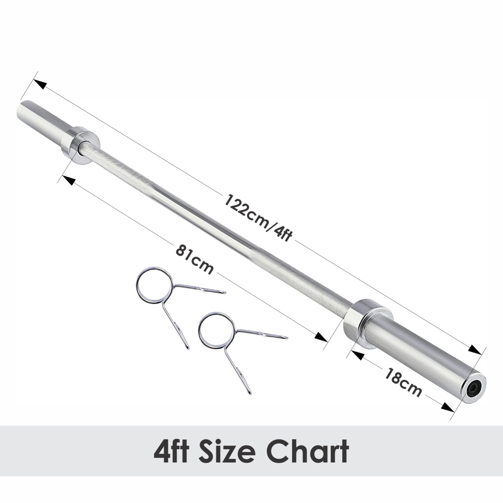 The JB Muscle Olympic Barbell Bar 4FT is shown with labeled dimensions: 122cm total length, 81cm grip area, 18cm sleeve (fits 2-inch plates), and two spring clips. Text reads "4ft Size Chart.