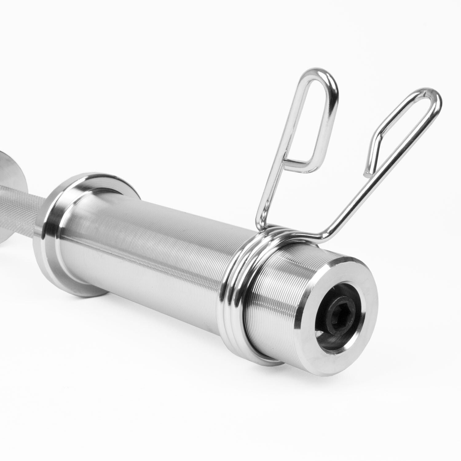 Close-up of a JB Muscle 2" Olympic Dumbbell Bar Set with silver spring collars, showcasing the secure grip of the spring collars, set against a plain white background.