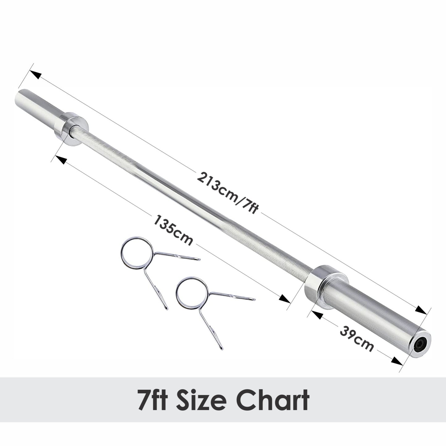 The JB Muscle Olympic Barbell Bar (7FT) features a 213 cm total length, 135 cm central grip, and 39 cm sleeves per end. Includes two 2-inch spring clips for weight lifting.