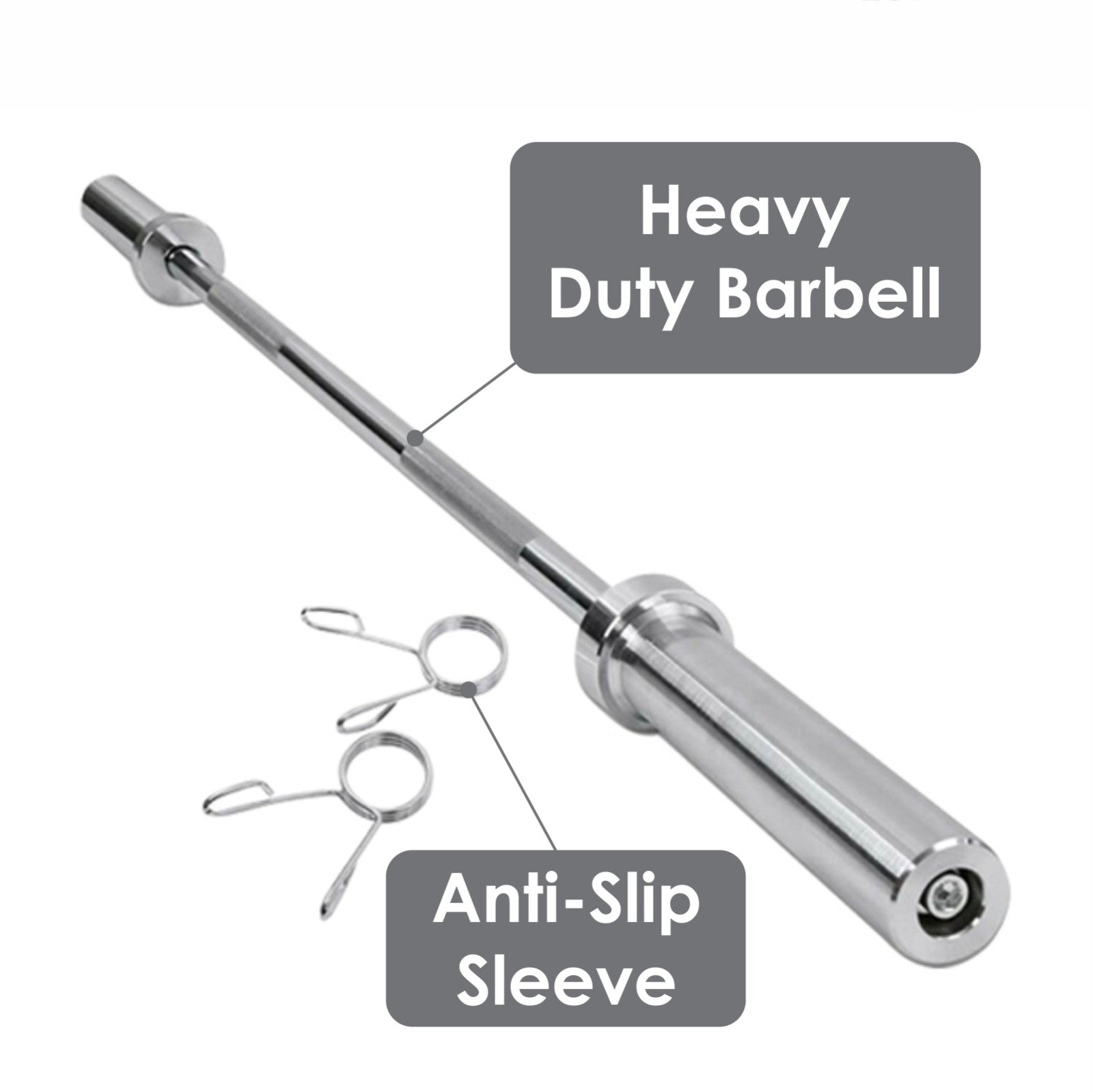 The JB Muscle Olympic Barbell Bar with 2-inch diameter and spring clips is shown; labels highlight its anti-slip sleeve, ideal for weightlifting, and note available lengths: 4FT, 5FT, 6FT, and 7FT.