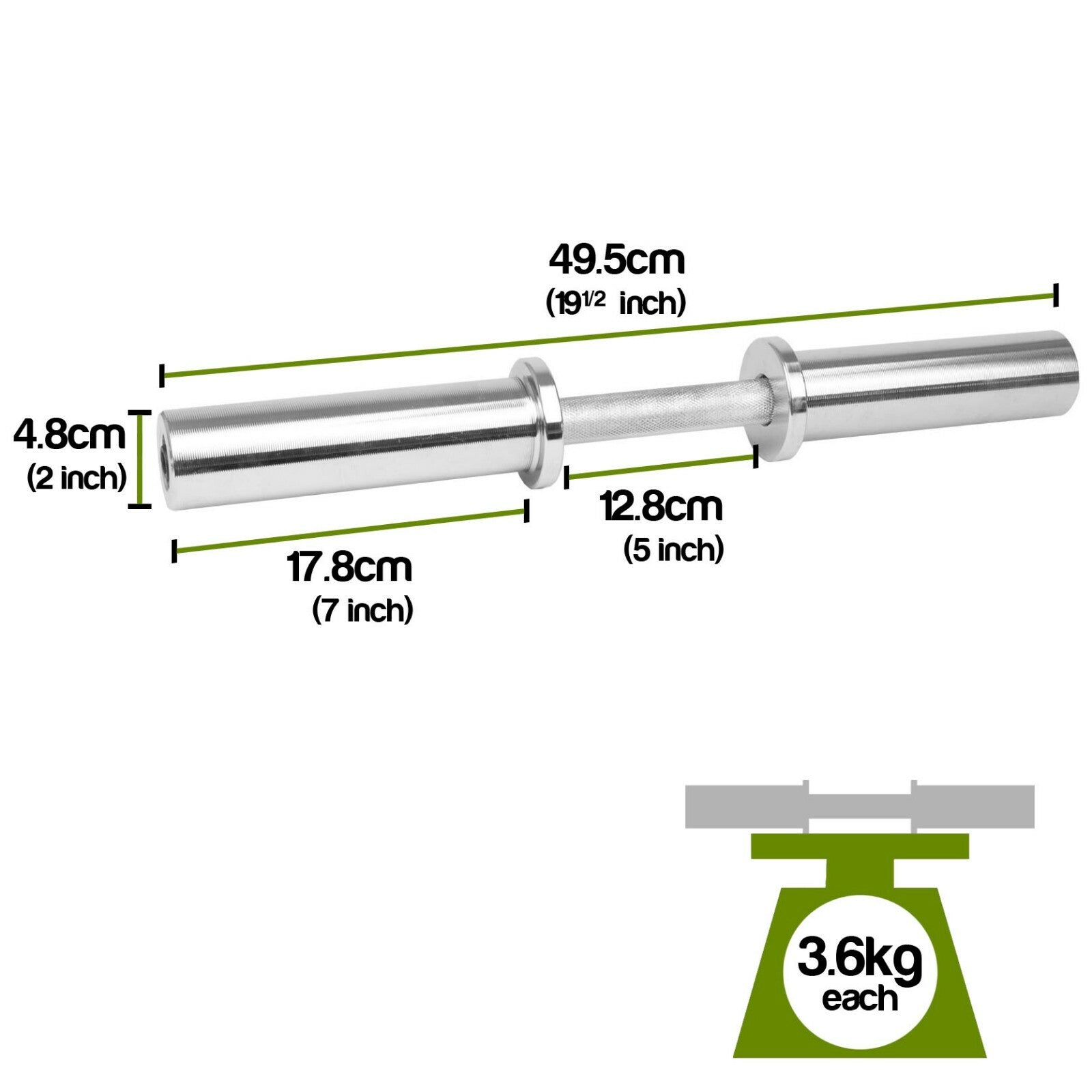 The JB Muscle 2" Olympic Dumbbell Bar Set features knurled handles, labeled dimensions (49.5 cm length, 4.8 cm handle diameter, sections of 17.8 cm & 12.8 cm), and weighs 3.6 kg each; includes spring collars for free weights lifting.