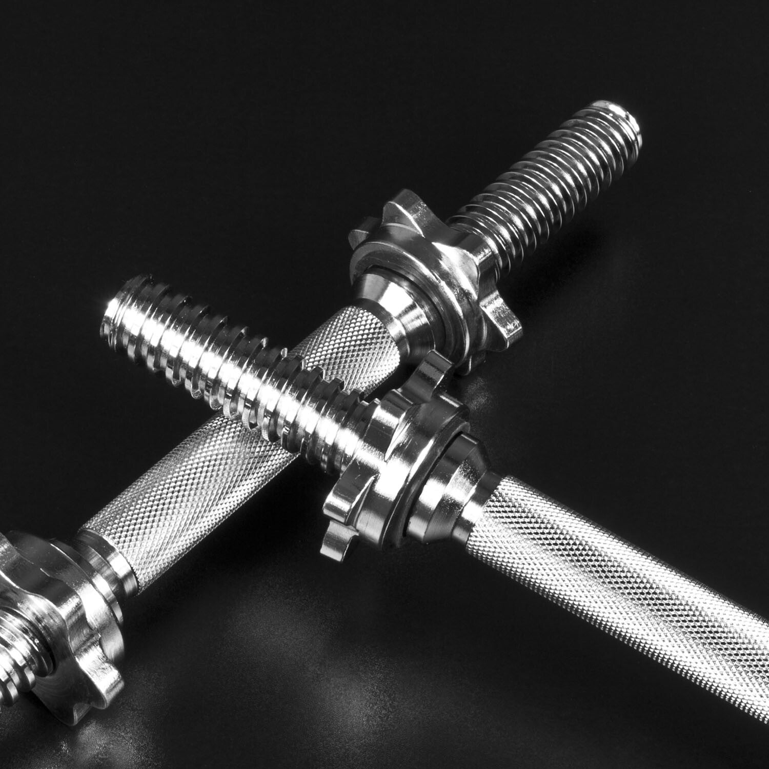 The JB Muscle Spinlock DUMBBELL BARS Standard 1 Inch Plates Weightlifting Bar & Collars Set features two chrome knurled bars with star-shaped spinlock collars, displayed against a black background.