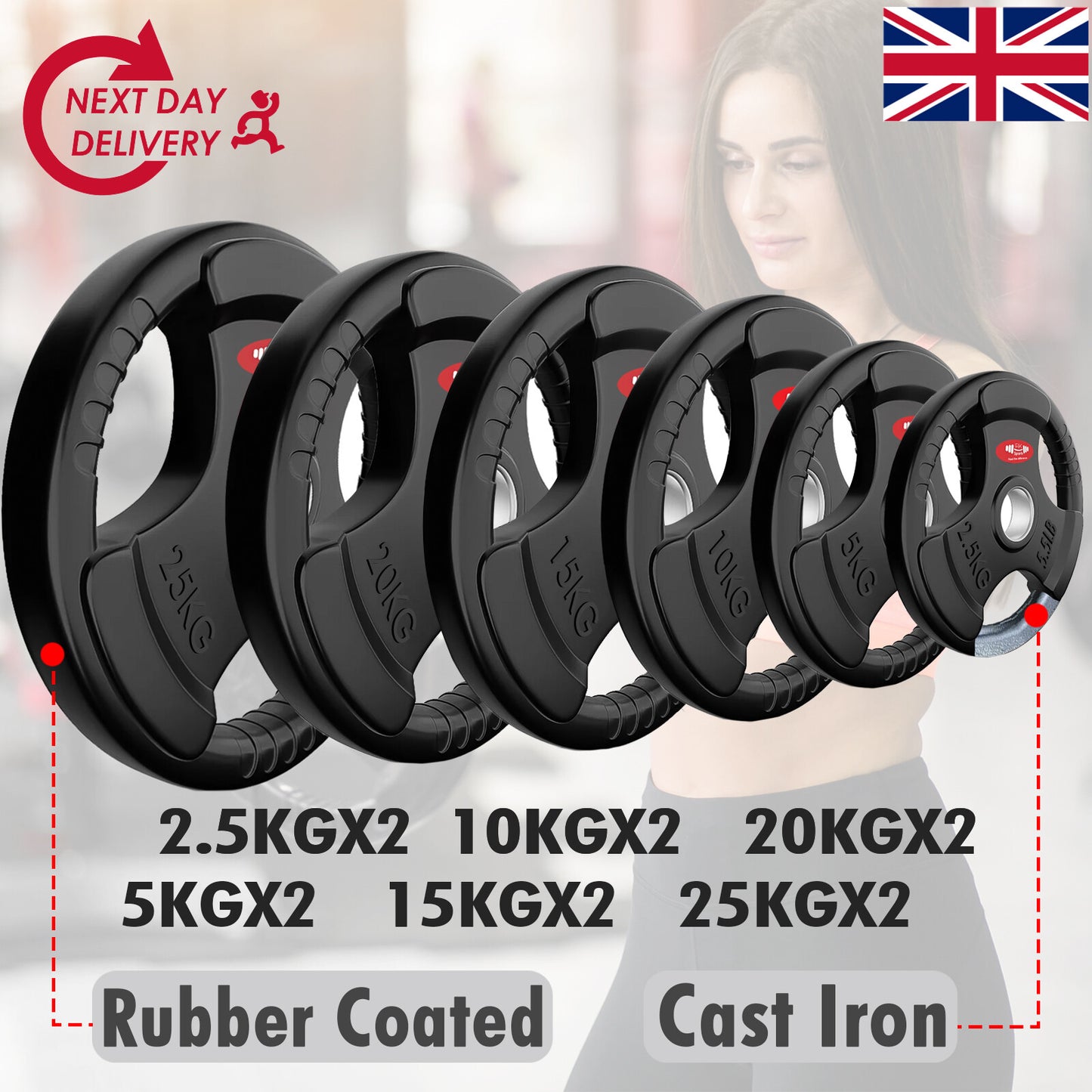 JB-Muscle™ Olympic Weight Plates Set – Cast Iron & Rubber-Coated Discs for Home & Commercial Gyms, Strength Training, Powerlifting & Bodybuilding