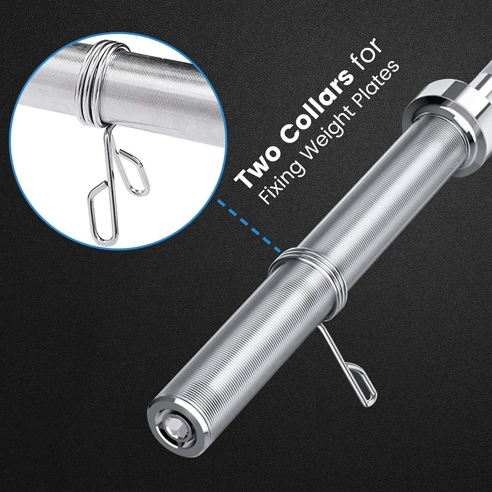 Close-up of JB Muscle Olympic Barbell Bar 2 inch with spring clips for securing weight plates; available in 4FT, 5FT, 6FT, and 7FT sizes.