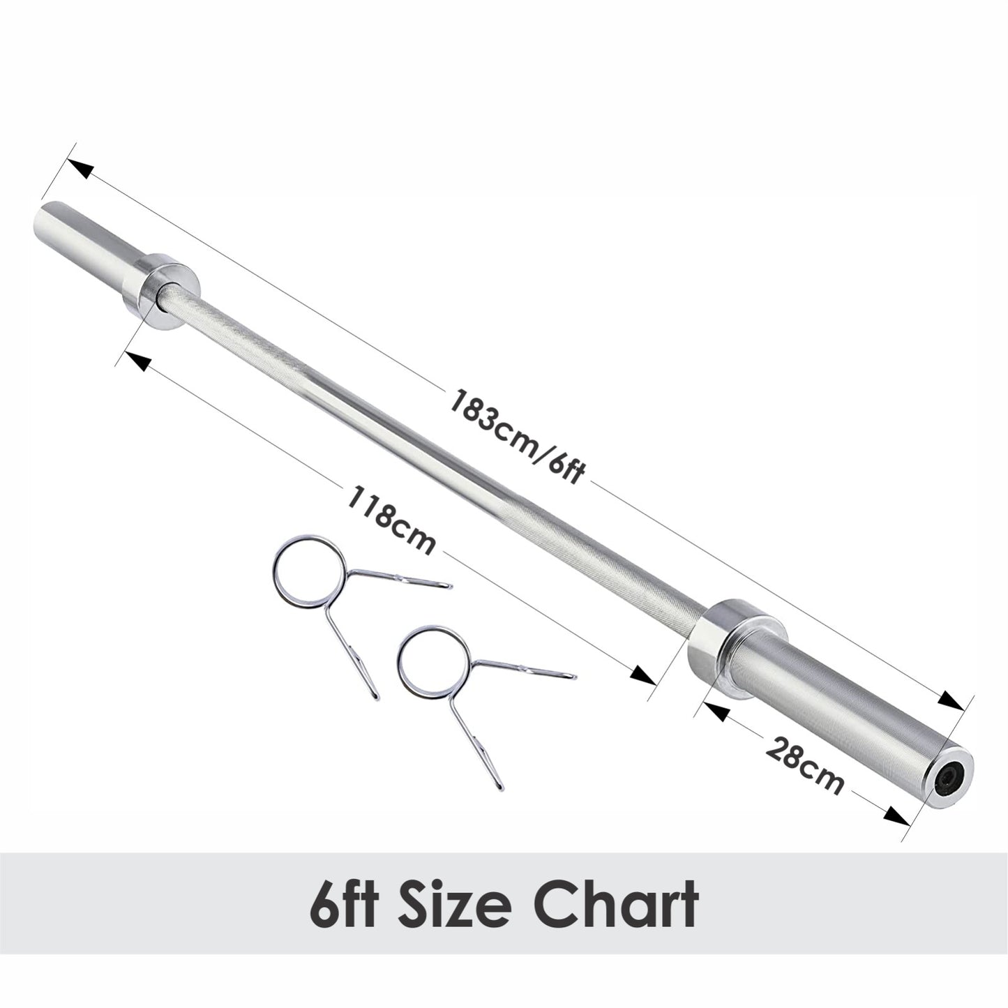 The JB Muscle Olympic Barbell Bar 2 inch Spring Clips (6ft) is shown with labeled dimensions: 183cm total length, 118cm grip area, and 28cm end sleeves. Designed for versatile gym weight lifting routines.
