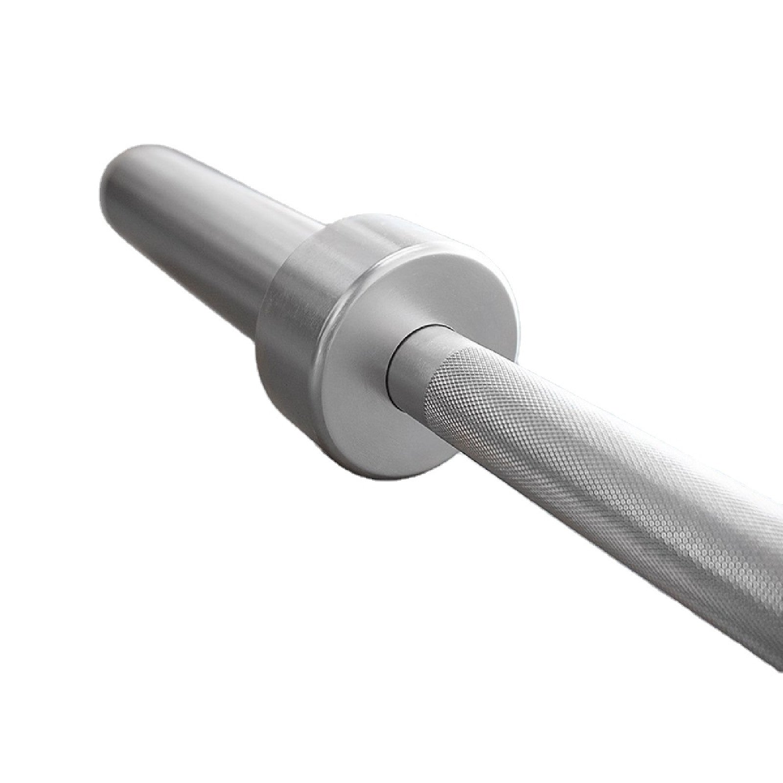 Close-up view of the JB Muscle Olympic Barbell Bar with knurled grip, featuring 2-inch spring clips for gym weight lifting; available in 4FT, 5FT, 6FT, and 7FT lengths.