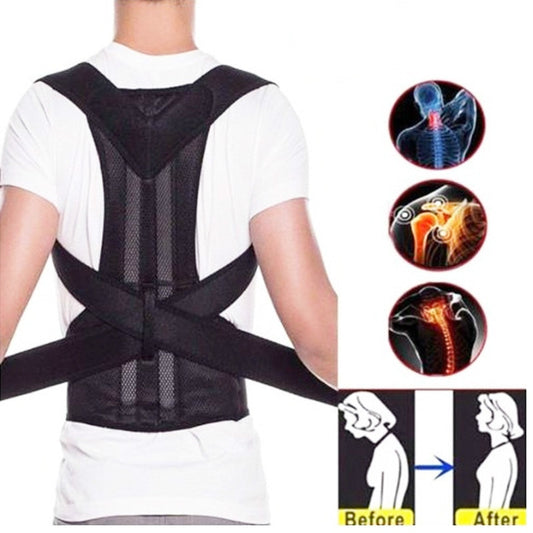 A man wearing a JB Muscle™ Adjustable Posture Corrector Brace | Back Support Harness with different images.